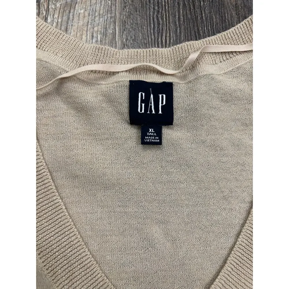 Gap‎ Mens XL Tall Beige V-Neck Sweater Linen Blend Long Sleeve Knit Pullover